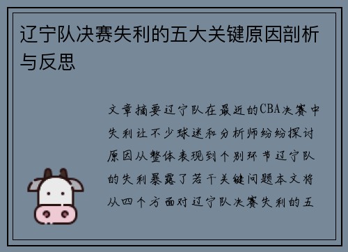 辽宁队决赛失利的五大关键原因剖析与反思