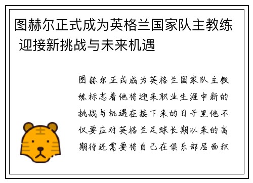 图赫尔正式成为英格兰国家队主教练 迎接新挑战与未来机遇